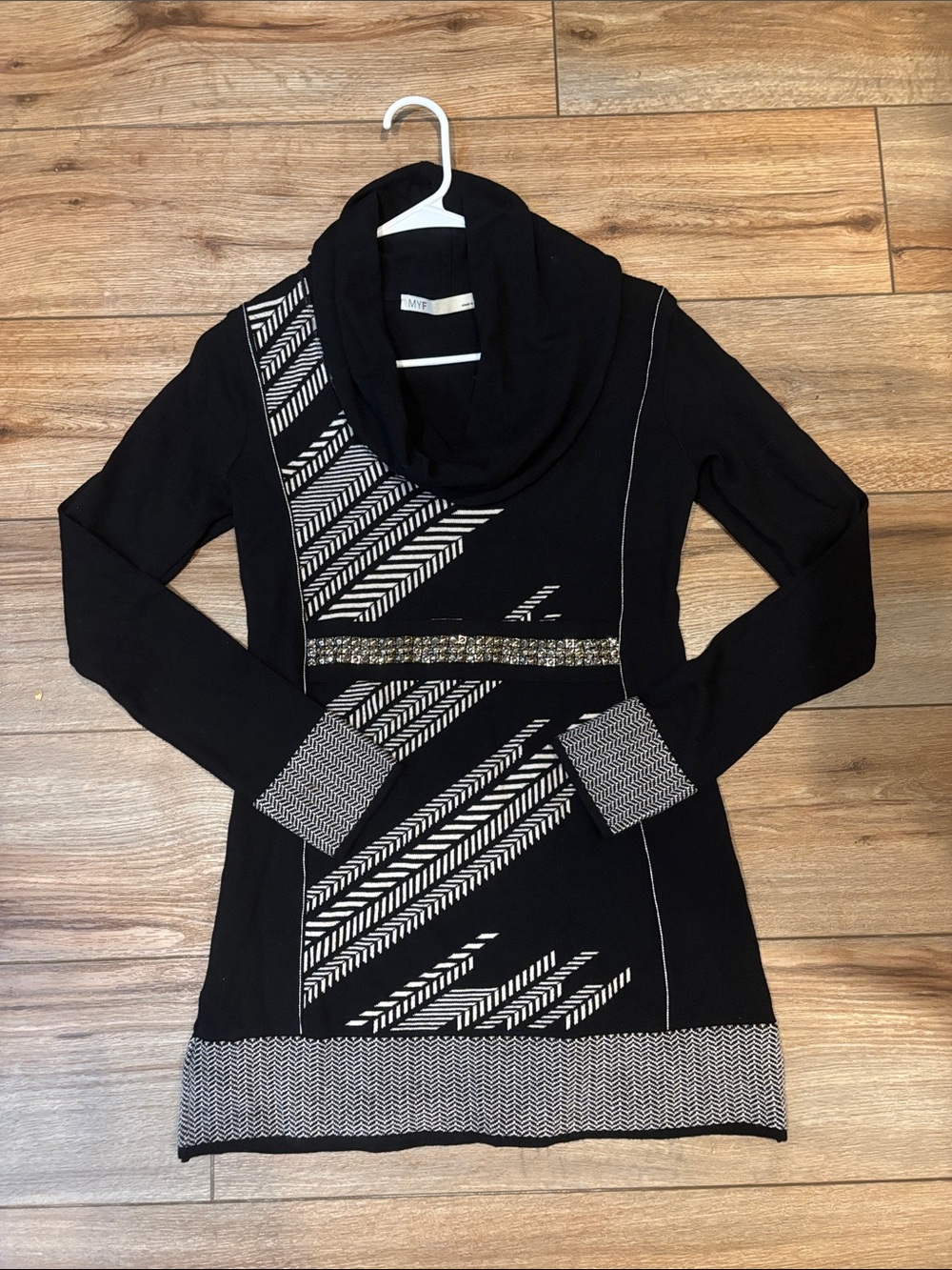 MYF Black Cowl Neck Patterned Women’s Sweater